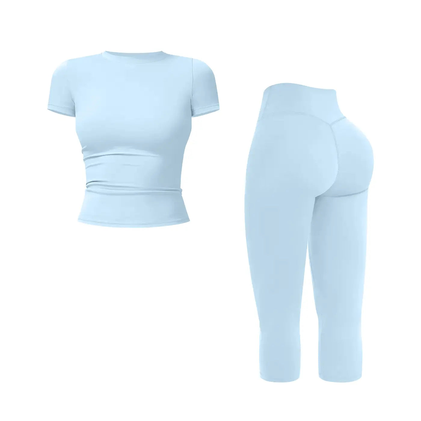 JGS1996 Women's Sporty 2-Piece Activewear Set – Solid Round Neck Crop Top & High-Waisted Three-Quarter Leggings for Yoga, Fitness, and Running, Breathable and Comfortable Summer Tracksuit