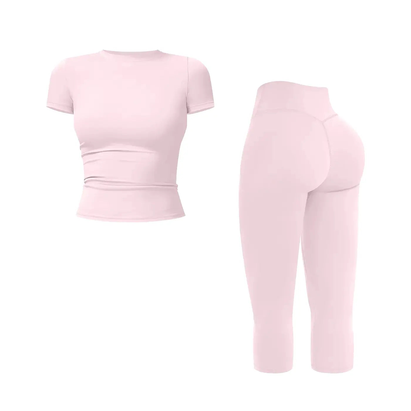 JGS1996 Women's Sporty 2-Piece Activewear Set – Solid Round Neck Crop Top & High-Waisted Three-Quarter Leggings for Yoga, Fitness, and Running, Breathable and Comfortable Summer Tracksuit