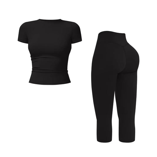 JGS1996 Women's Sporty 2-Piece Activewear Set – Solid Round Neck Crop Top & High-Waisted Three-Quarter Leggings for Yoga, Fitness, and Running, Breathable and Comfortable Summer Tracksuit