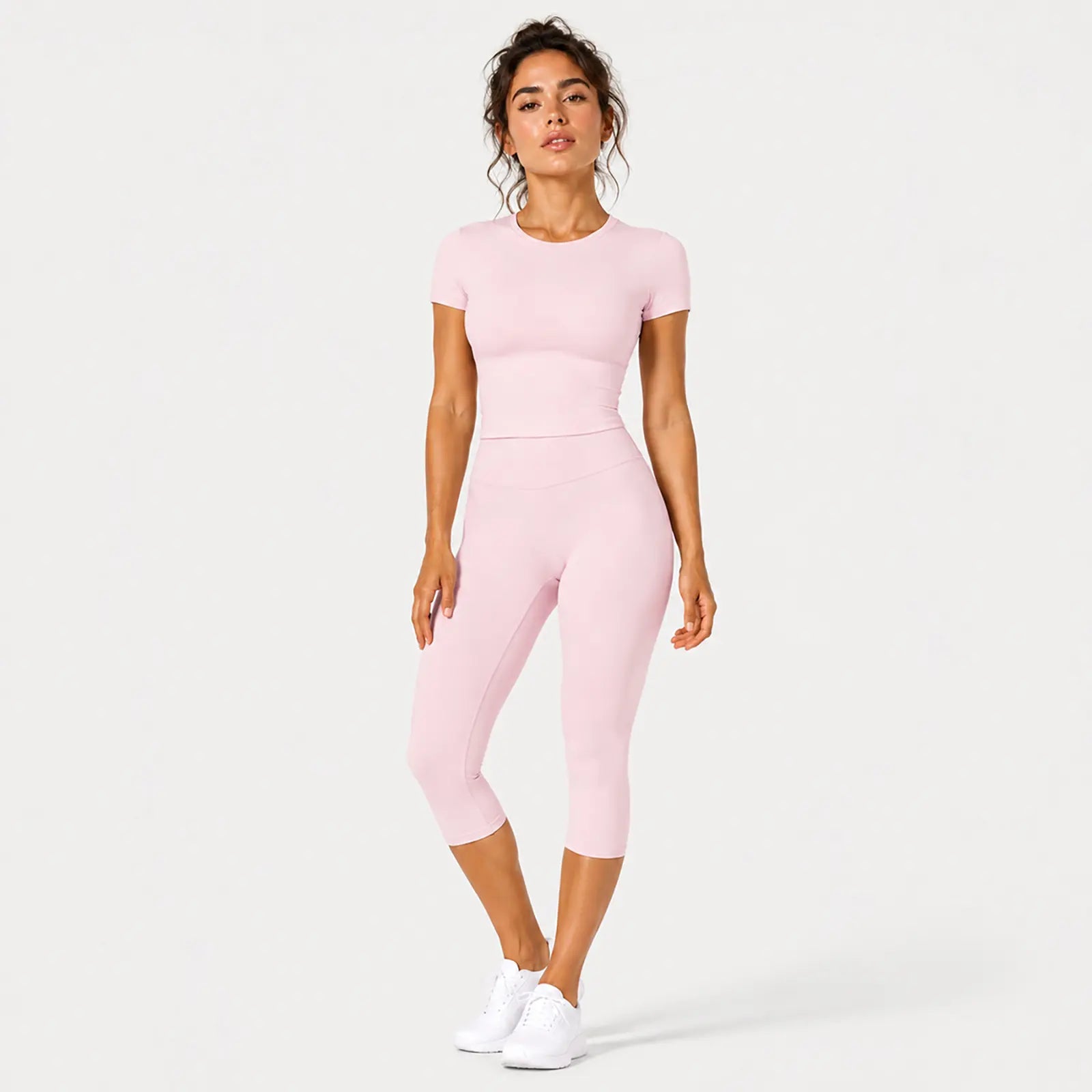 JGS1996 Women's Sporty 2-Piece Activewear Set – Solid Round Neck Crop Top & High-Waisted Three-Quarter Leggings for Yoga, Fitness, and Running, Breathable and Comfortable Summer Tracksuit