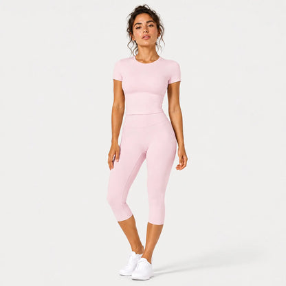 JGS1996 Women's Sporty 2-Piece Activewear Set – Solid Round Neck Crop Top & High-Waisted Three-Quarter Leggings for Yoga, Fitness, and Running, Breathable and Comfortable Summer Tracksuit