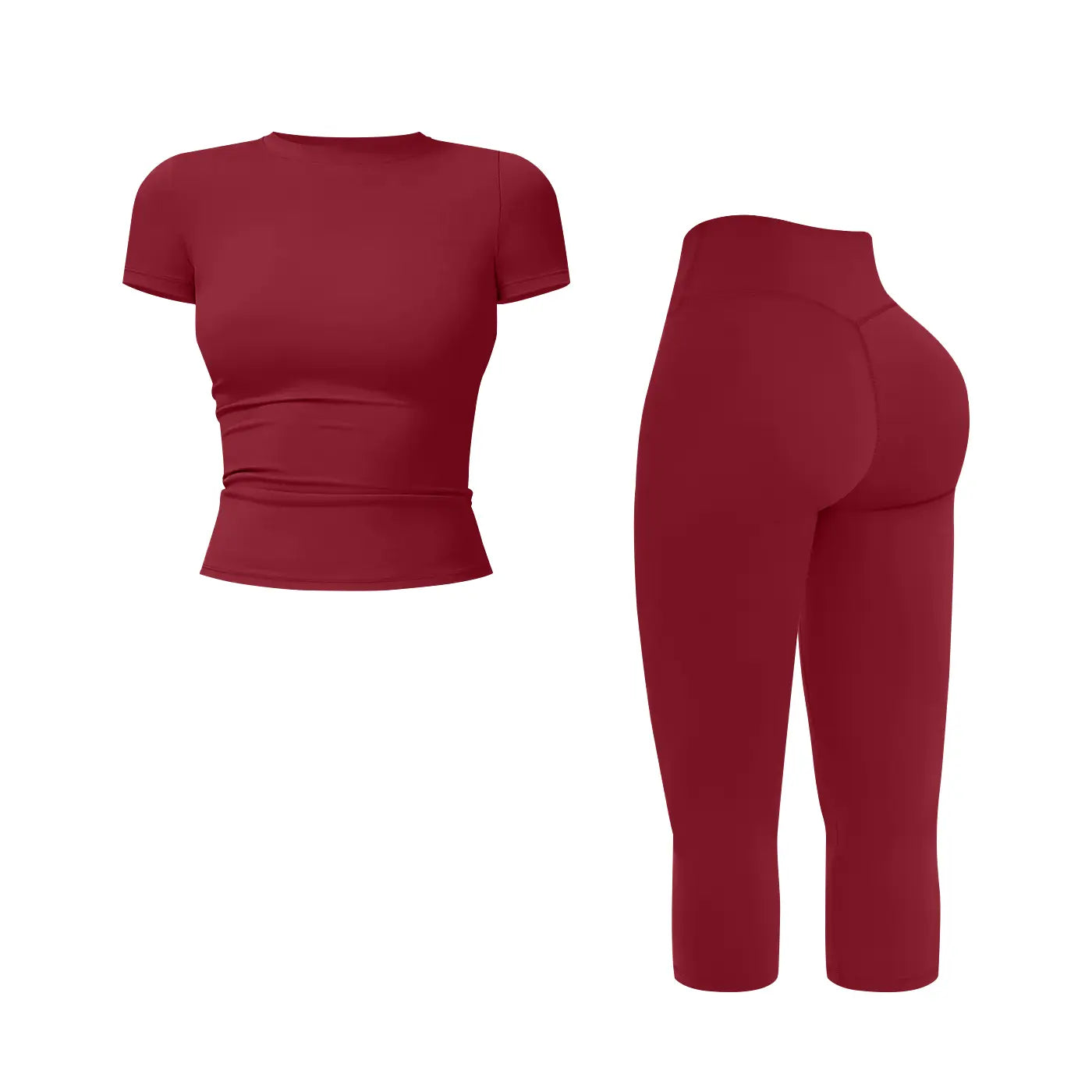 JGS1996 Women's Sporty 2-Piece Activewear Set – Solid Round Neck Crop Top & High-Waisted Three-Quarter Leggings for Yoga, Fitness, and Running, Breathable and Comfortable Summer Tracksuit