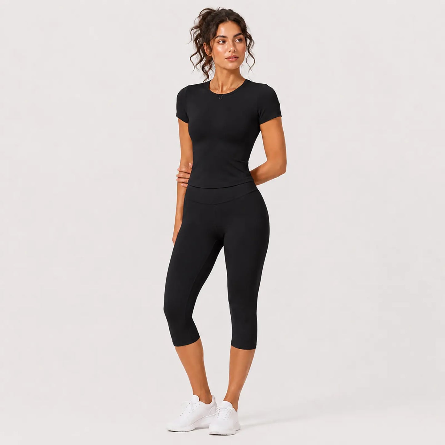 JGS1996 Women's Sporty 2-Piece Activewear Set – Solid Round Neck Crop Top & High-Waisted Three-Quarter Leggings for Yoga, Fitness, and Running, Breathable and Comfortable Summer Tracksuit