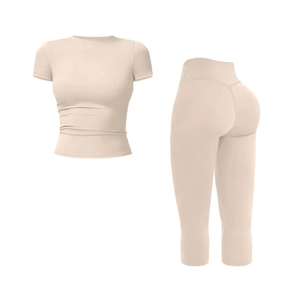 JGS1996 Women's Sporty 2-Piece Activewear Set – Solid Round Neck Crop Top & High-Waisted Three-Quarter Leggings for Yoga, Fitness, and Running, Breathable and Comfortable Summer Tracksuit