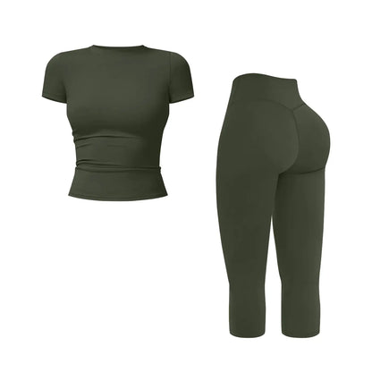JGS1996 Women's Sporty 2-Piece Activewear Set – Solid Round Neck Crop Top & High-Waisted Three-Quarter Leggings for Yoga, Fitness, and Running, Breathable and Comfortable Summer Tracksuit