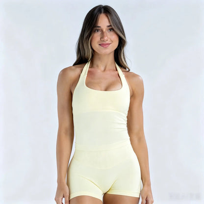 Women's Seamless Fitness Activewear Set - 2-Piece Halter Neck Top with Built-In Bra and High-Rise Shorts for Optimal Support and Comfort