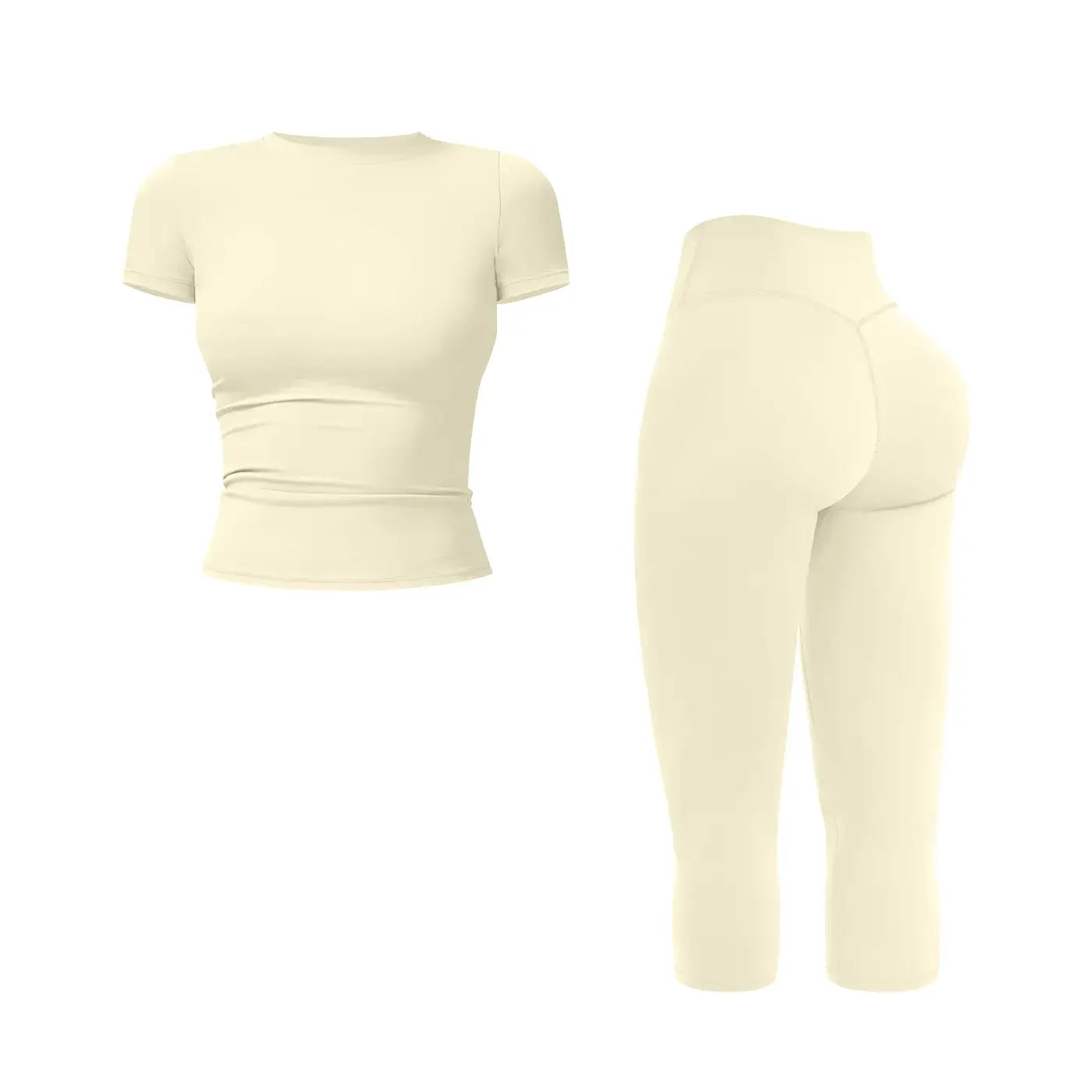 JGS1996 Women's Sporty 2-Piece Activewear Set – Solid Round Neck Crop Top & High-Waisted Three-Quarter Leggings for Yoga, Fitness, and Running, Breathable and Comfortable Summer Tracksuit